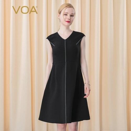 VOA 60m/m Silk Summer V-Neck Dresses Bag Rotator Cuff White Bright Line Decorated Side Zipper Black Dress for Woman AE287