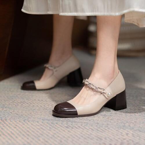 2021 Color matching shoes woman French vintage Mary Jane thick heel high heels leather shallow mouth round toe shoes for women