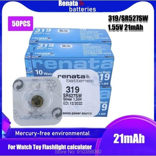 50pcs/lot Renata LONG LASTING 319 SR527SW SR527 V319 Watch Battery Button Coin Cell Batteries