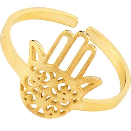 Arab Lucky Hamsa Hand Rings Stainless Steel Adjustable Ladies Mens Amulet Stainless Steel Gold Fatima Rings Islamic Jewelry