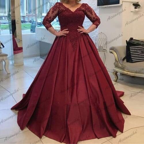 Burgundy Ball Prom Dresses Appliques 3/4 Sleeve V Neck Special Occasion Satin Robe De Soiree Vestido De Fiesta