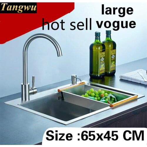 Free shipping Apartment large kitchen manual sink single trough 304 stainless steel do the dishes hot sell 65x45 CM