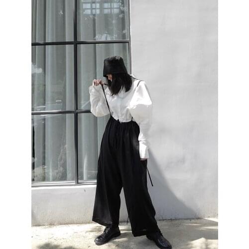 Yamamoto Wind nine-cent overalls female dark series minority suspenders fold loose legs vertical feel cotton hemp