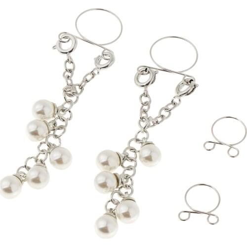 MagiDeal 2 Pair Dangle Faux Pearls Beads Nipple Ring Non Pierced Clip On Adjustable Body Jewelry