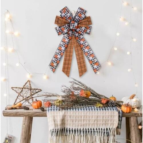 Harvest Festival Pumpkin Pendants Pumpkin Gift Bows Ribbon Plaid Basket Ornaments Decorating Orange Beautiful Pendants