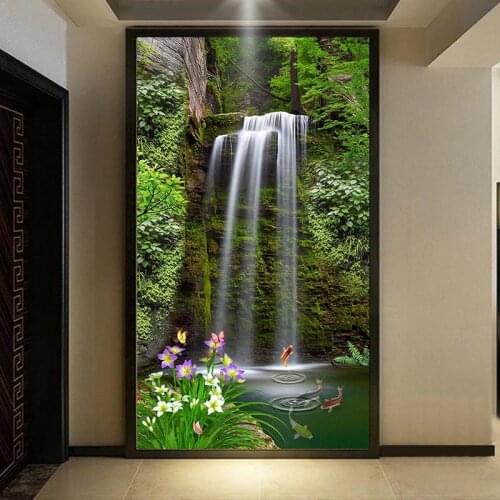 Chinese Style Waterfall Forest Landscape Photo Mural Wallpaper Living Room Hotel Restaurant Entrance Backdrop Wall Decor Fresco