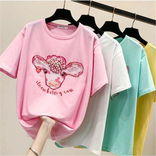 Summer Casual Knitted T-Shirt Women Short Sleeve O-Neck Printed Beading Tops Female Oversized Cotton tshirts Ladies Harajuku