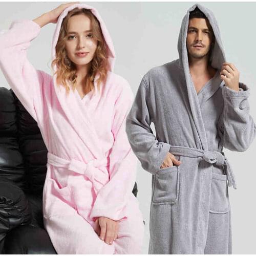 Winter Women Bathrobe Hooded 100% Cotton Autumn Thick Warm Towel Fleece Sleepwear Long Robe Hotel Spa soft Nightgown Kimono robe