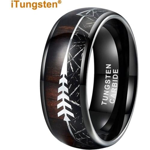 Black Men Tungsten Ring Wedding Band With Arrow Wood And Black Meteorite Inlay Comfort Fit