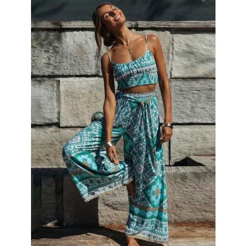 Jastie Boho Vintage Pattern Print Women 2 Piece Set Spring 2020 Midriff Baring Wide Leg Pant Retro Chic Beach Vacation Women Set
