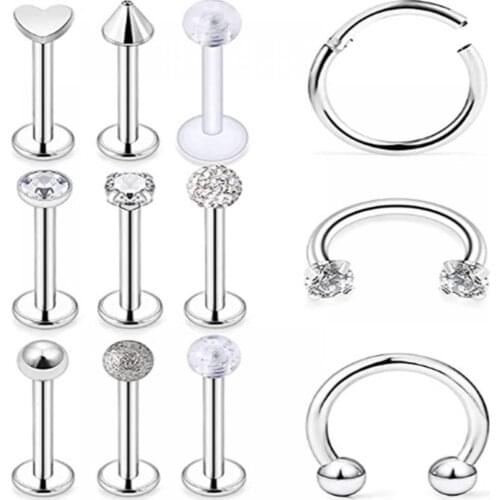 12 Style Medical Stainless Steel Nose Rings Tragus Cartilage Piercing Barbarbell Horseshoe Piercing Nose Septum Ring Jewelry