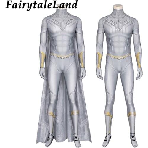 Superhero Vision Victor Shade Costume Halloween Cosplay White Suit 3D Printing Jumpsuit with Soles Vision Zentai Outfit Cape