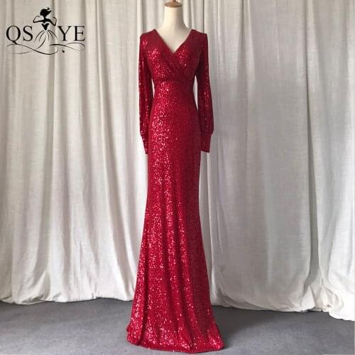 Long Sleeves Red Evening Dress Fitted Mermaid Sequin Evening Gown Glitter Sexy V Neck Party Dress Sparkle Ruched Formal Gown