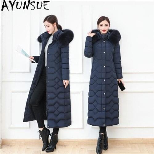AYUSNUE Womens Down Jacket Fox Fur Collar Hooded White Duck Down Coat Female Winter Parkas Fashion Long Puffer Jackets 2020