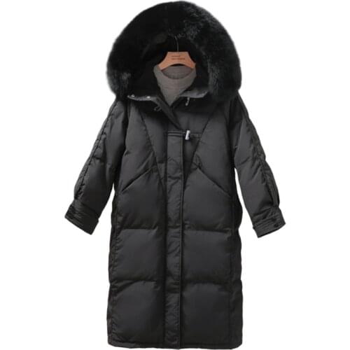 Winter Women 90% Duck Down Long Coat Warm Snow Outwear Big Real Fur Hooded Jacket Horn Button Loose Blue Parkas Chaquetas Mujer
