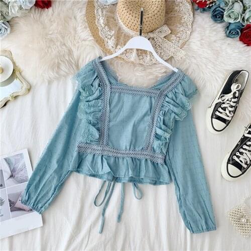 Sweet Hook Flower Women T Shirt Spring Short Style Solid Long Sleeve Female Tops Tee Shirts Casual Square Collar Lady Cute Tops