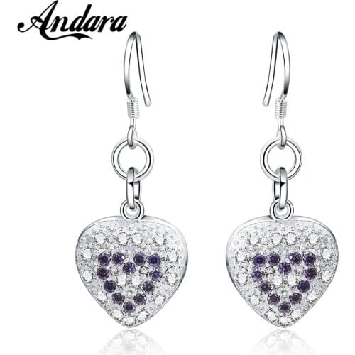 Fashion 925 Silver Earrings Zircon Crystal Heart Earrings Woman Glamour Jewelry Gift