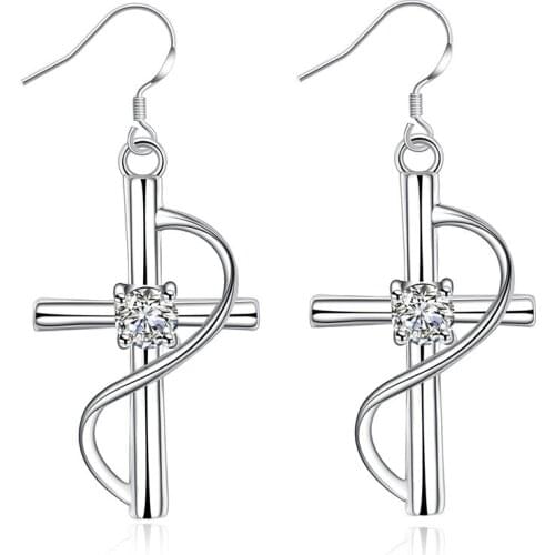Fashion jewelry Silver color cross charm drop earrings with zircon classic style top quality global hot