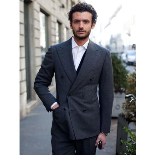 ANNIEBRITNEY Double Breasted Dark Grey 2 Piece Slim Men Formal Suit Groom Wedding Tuxedo Custom Prom Wedding Business Men Suit