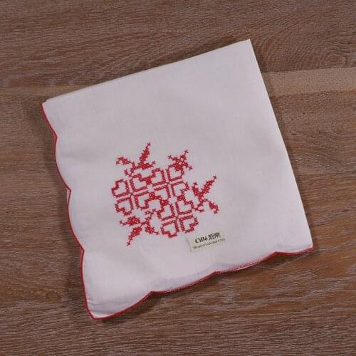 N059 : 12 Pieces Ramie Cotton Beige Hand Embroidery Red Arc Ccurve Edge Dinner Napkins 20" x 20"