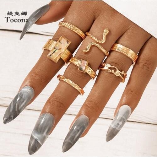 Tocona 7pcs/sets Boho Snake Gold Ring Sets for Women Men Luxury Crystal Stone Flowers Geometry Party Jewelry Anillo 19770