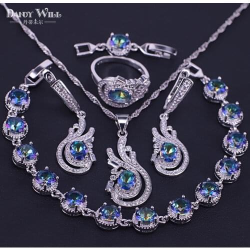 Natural Rainbow Jewelry Sets 925 Sterling Silver Stones Wedding Earrings For Women Stones Bracelet Necklace Rings Set Gifts Box