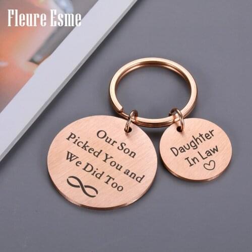 Personalized Keychain Customized Gift For Daughter In Law From Mom And Dad Are Engraved With Our Son Picked You And We Did Too