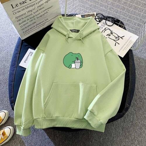 Cute Hoodies Kawaii Green Frog Hoodie Hip Hop Streetwear Aesthetic Clothes Harajuku Long Sleeve Top Pullover Women Cotton Female