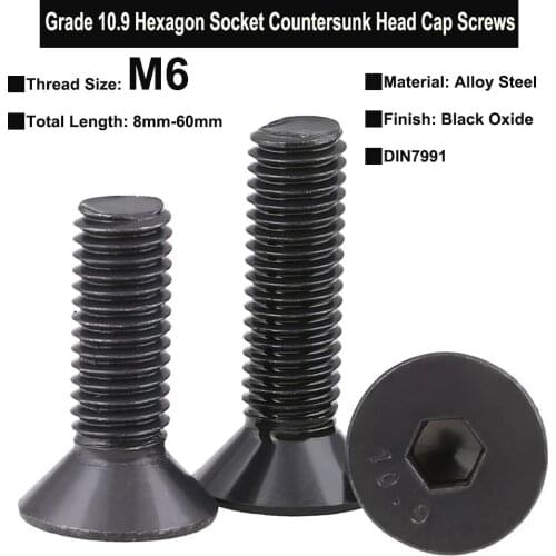 20Pcs/10Pcs/5Pcs M6 Grade 10.9 Alloy Steel Hexagon Socket Countersunk Head Cap Screws Black Oxide DIN7991 Total Length 8mm-60mm