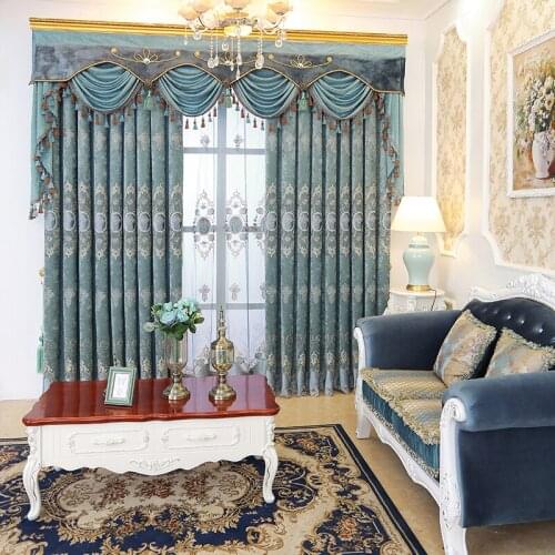 Custom curtains high quality Chenille European blue embroidery thicken shade cloth blackout curtain tulle valance N235