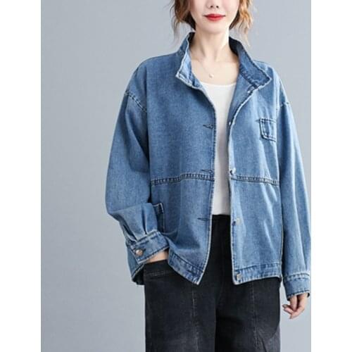 Women Casual Denim Jackets New Arrival 2021 Autumn Vintage Style Turn-down Collar Loose Ladies Long Sleeve Outerwear Coats B1102