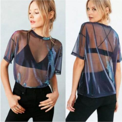 Women T-Shirt Summer Sexy Ladies Mesh Short Sleeve Round Neck Hollow Out Loose Transparent Tops See-through Swimwear Clothing