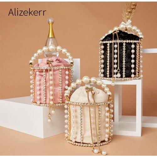 Rhinestone Evening Pearl Clutch Bag Women Luxury Handmade Diamond Beaded Bucket Purses and Handbags Bridal Wedding Party Sweet