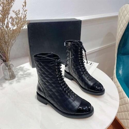 2021 Women Black Motorcycle Boots Ankle Genuine Leather With Zipper Lace Up Round Toe Ladies Shoes High Quality Designer