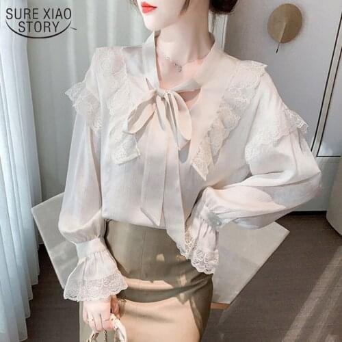 Korean Style Retro Chiffon Shirts Women Strappy Shirt Spring Summer New Lace Ruffled Trumpet Sleeve Tops Womans Blouses 13210
