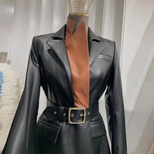 Ladies Long Leather Blazer Double Collar Spliced Lambskin Jacket