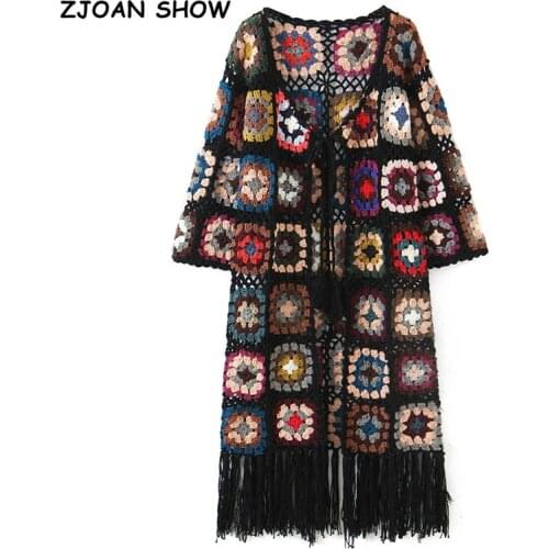 2021 BOHO Colored Plaid Flower Hand Crochet Cardigan Vintage Woman V neck Lacing up Hem Tassel Long Sweater Knitwear Jumper