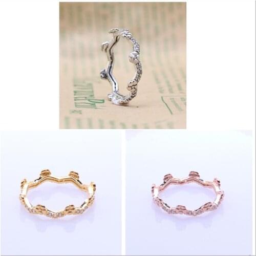 Original 925 Sterling Silver Gold Pandora Ring Flower Crown Rings With Crystal For Women Wedding Party Gift Fine Jewelry