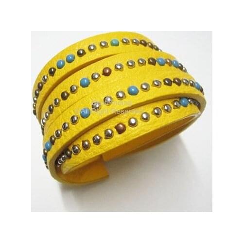10x2mm Yellow flat leather with rivet Flat PU leather cord