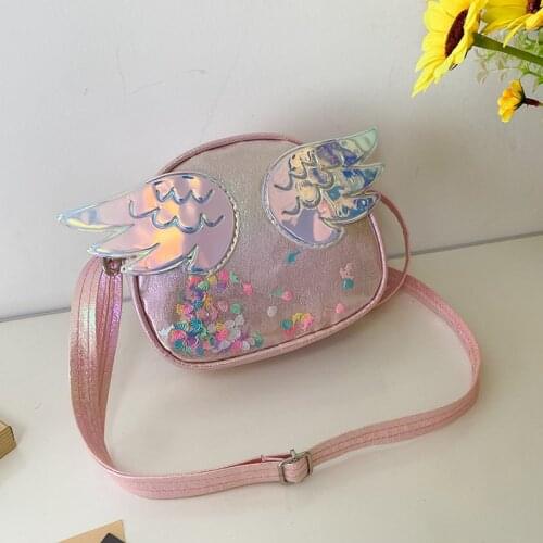 2021 Lovely Little Girls Zipper Shoulder Bag Toddlers Sweet Style Creative Wing Decoration Drift Sand Laser Messenger Bag