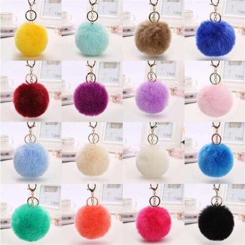 8CM Trinket Pompons Keychains Faux Rabbit Fur Keychain Fluffy Key Chains Trinkets Pom Pom Keychain(Gold Color Chain)