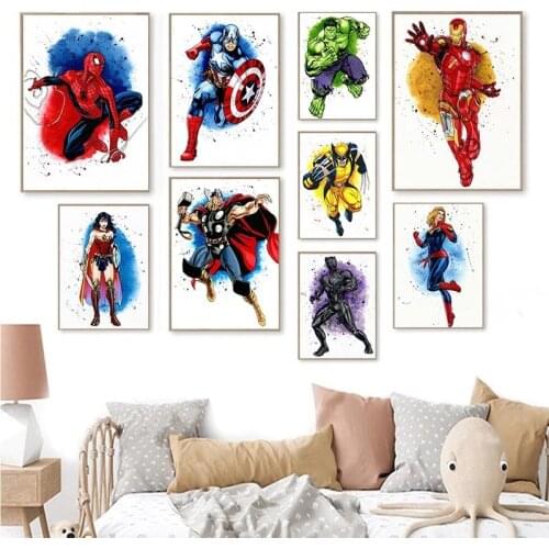 Watercolor Pictures for Living Room Decor Superhero Spiderman Iron Man Marvel Movie Anime Wall Art Canvas Painting Poster Prints