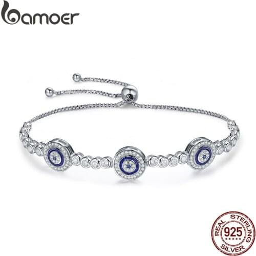 BAMOER New Arrival Genuine 925 Sterling Silver Luxury Round Blue Eyes Clear Cubic Zircon Crystal Tennis Bracelet Jewelry SCB002