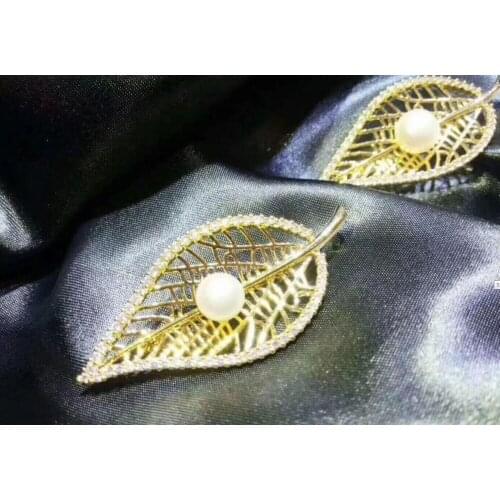 Free shipping >>>>noble jewelry Leaves NEW 10-11mm Freshwater Pearl Brooches 925 silver