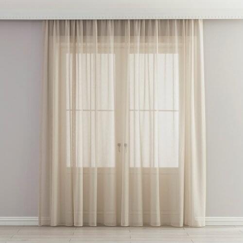 Beige Plain Polyester Gathered Plain Tulle Curtain 200 x 260 cm Plain Sewing Without Pleats Cornice Hanging Buttons Are Sewn