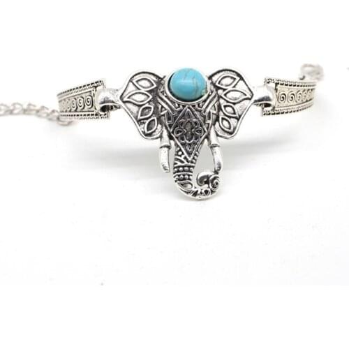 FYJS Unique Silver Plated Alloy Elephant Shape with Green Turquoises Stone Bracelet Animal Jewelry