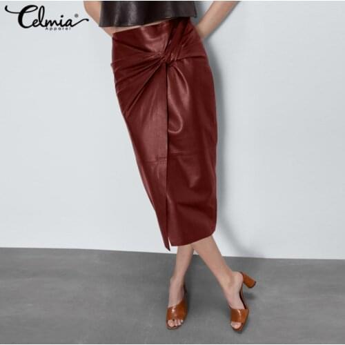 Celmia Women PU Leather Skirt 2021 Fashion Midi Sexy Split Solid Bodycon Skirt Casual High Waist Knotted Office Ladies Skirt