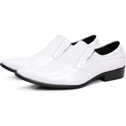 Design Men Patent Leather Shoes White Blue Formal Pointed Toe Men Dress Shoes For Wedding Party Office Oxfords Shoes Sepatu Pria