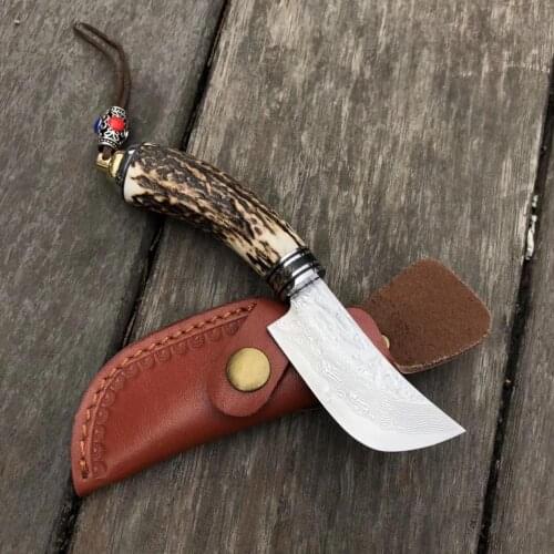 Handmade forged Damascus Steel hunting knife fixed knife Antler handle cowhide leather cover