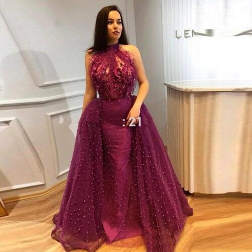 Purple Muslim Evening Dresses Mermaid Halter Flowers Beaded See Through Islamic Dubai Saudi Arabic Long Evening Gown